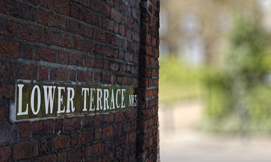 A close-up view of a brick wall with a metal street sign attached, reading 'LOWER TERRACE NW3' in uppercase white letters on a green background. The wall is composed of reddish-brown bricks with a rough, textured surface, laid in a traditional pattern with dark mortar joints. The sign is positioned towards the left side of the image, slightly tilted, and appears to be weathered. In the background, beyond the wall, there is a blurred, natural outdoor environment featuring greenery and trees, with soft, diffused light suggesting an overcast day or shaded setting. The image captures an urban scene that could relate to a residential or service area, such as rubbish removal, situated along an alley or pathway adjacent to the brick building. The overall composition emphasizes the street name sign as the primary object within a quiet, suburban context indicating an address or location relevant to private waste handling or local disposal services, such as those offered by Rubbish Removal Hampstead.
